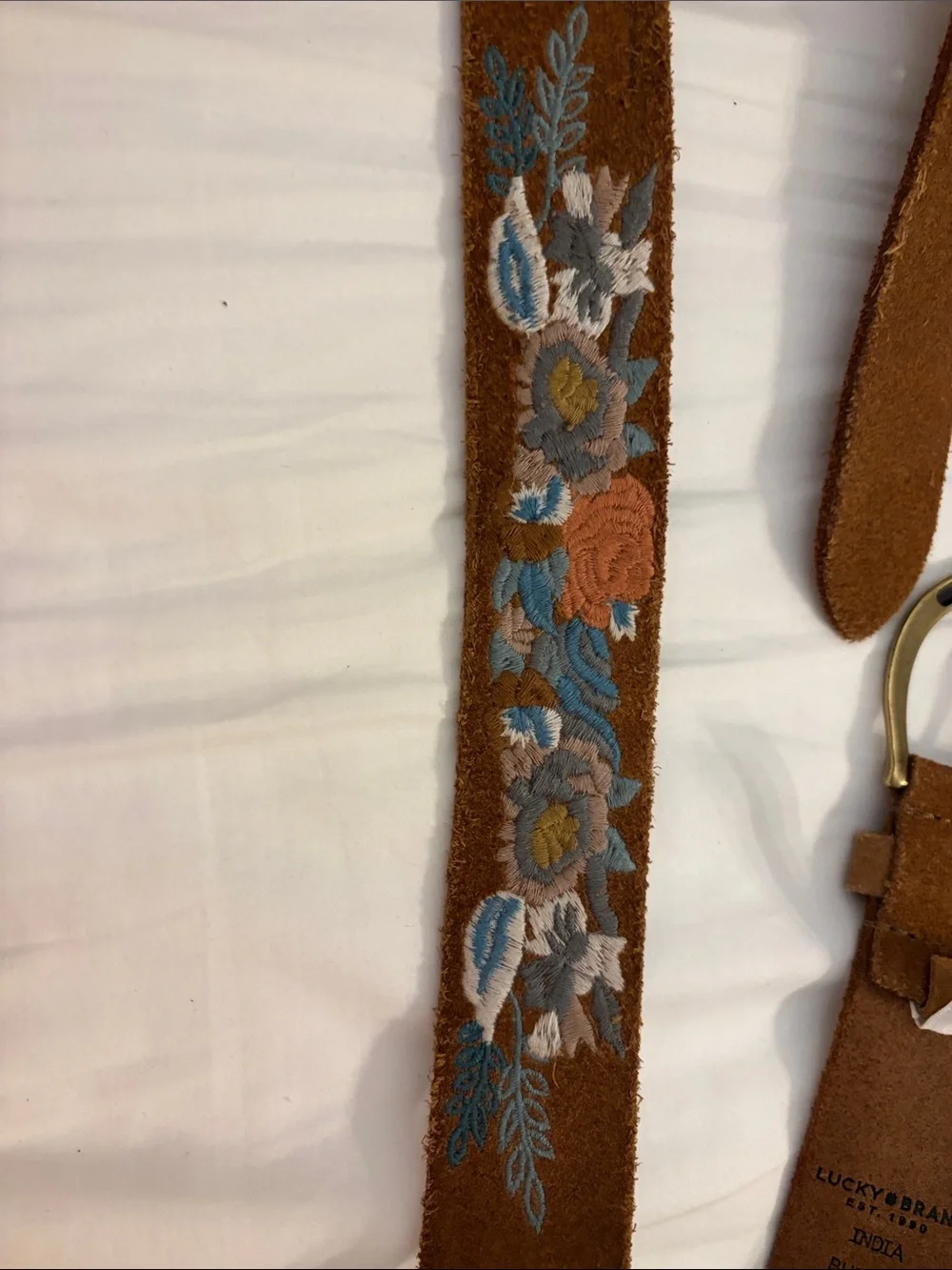 Lucky Brand Embroidered Suede Brown Women’s Belt with Brass Buckle